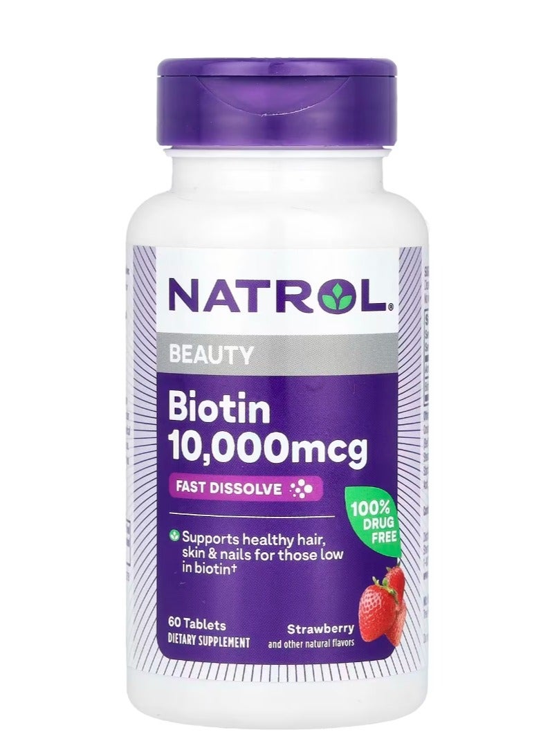 Natrol Biotin Fast Dissolve Maximum Strength Strawberry 10,000 mcg - 60 Tablets - Image 1
